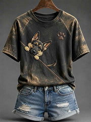 Women's Cute Peeking German Shepherd with Paw Print Round Neck Short Sleeve T-shirt