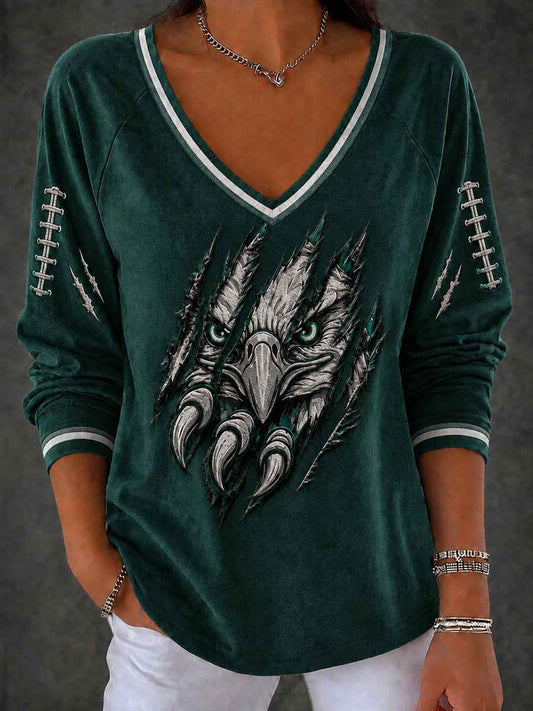 Women's Football Gameday Gift For Football Fans Printed V-Neck Long Sleeve Shirt