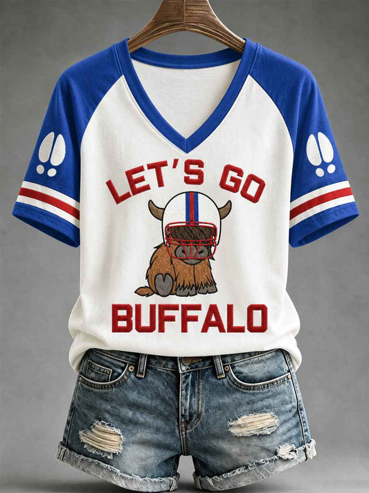 Women's Football Lover Buffalo Print Casual V-Neck Tee