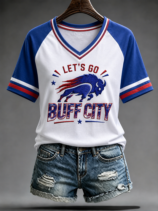 Women's Football Fans Gameday V-neck off-shoulder short-sleeved T-shirt gracestitchs