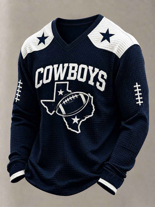 Men's Football Gameday Gift For Football Fans Casual Waffle Long Sleeve V-Neck Top
