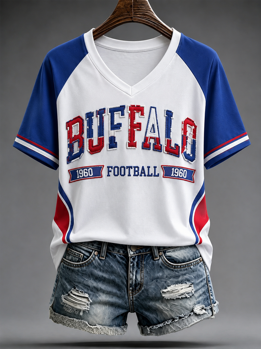 Women's Football Lover Bulls BUF Art Printed V-neck off-shoulder short-sleeved T-shirt gracestitchs