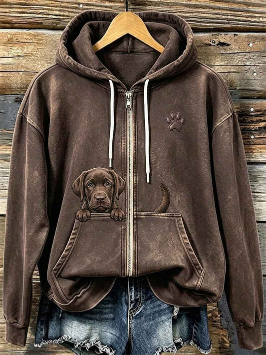 Women's Chocolate Labrador & Paw Print Cozy Zip-Up Hoodie