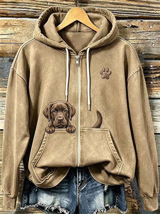 Women's Chocolate Labrador & Paw Print Cozy Zip-Up Hoodie
