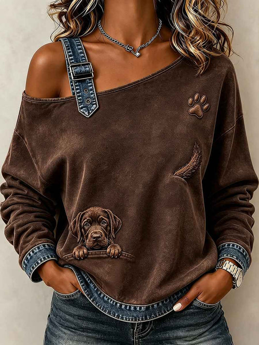 Women's Peeking Chocolate Labrador Retriever & Paw Print Comfy Off-Shoulder Sweatshirt