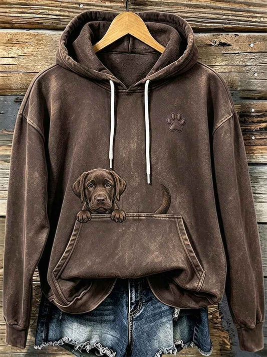 Women's Cute Peeking Chocolate Labrador Retriever & Paw Print Cozy Hoodie