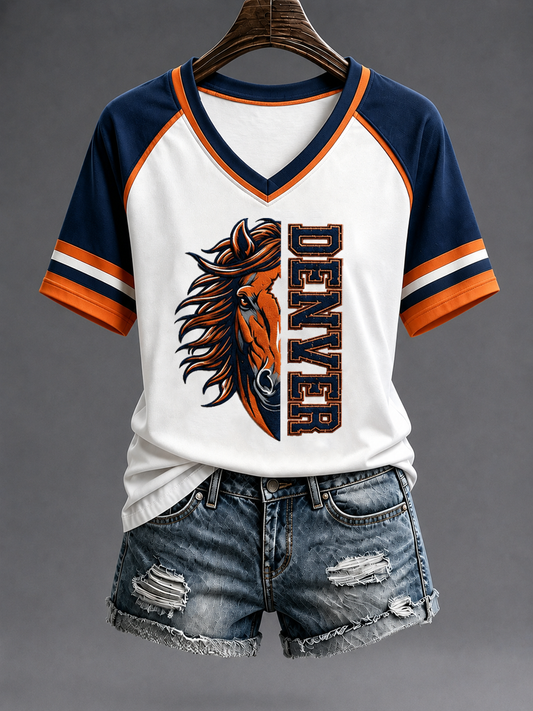 Women's Football Fans Gameday V-neck off-shoulder short-sleeved T-shirt gracestitchs