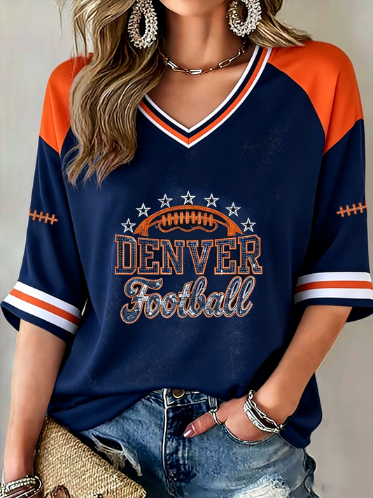 Women's Football Fans Gameday Mid-length Sleeves V-Neck T-Shirt gracestitchs