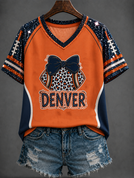 Women's Football Fans Gameday V-neck off-shoulder short-sleeved T-shirt gracestitchs
