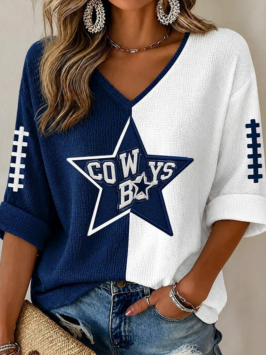 Women's Football Gameday Gift For Football Fans Casual Waffle V-Neck Tee gracestitchs