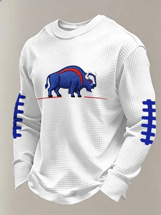 Men's Football Lover Buffalo Print Casual Waffle Long Sleeve Top gracestitchs