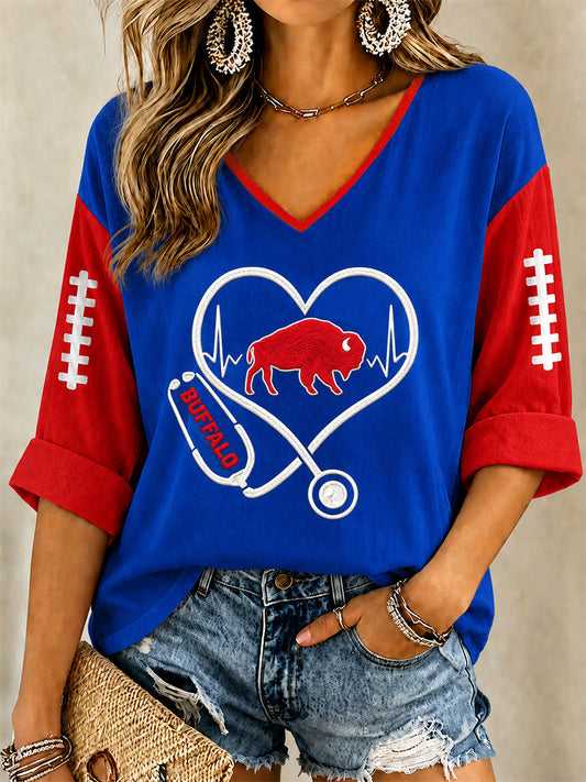 Women's Football Lover Buffalo Print Casual V-Neck Tee gracestitchs