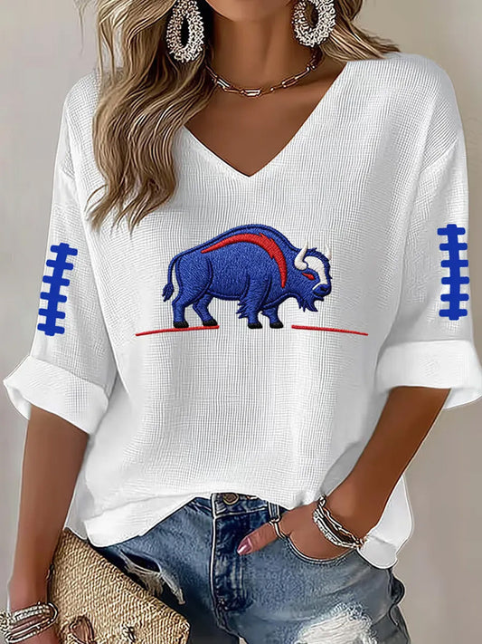 Women's Football Lover Buffalo Print Casual Waffle V-Neck Tee gracestitchs