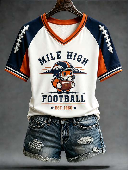 Women's Derver Football Lover Printed V-neck off-shoulder short-sleeved T-shirt gracestitchs