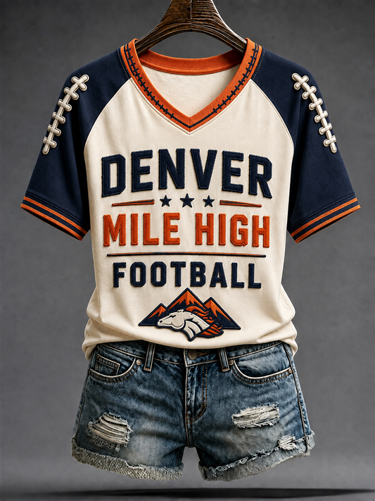 Women's Derver Football Lover Printed V-neck off-shoulder short-sleeved T-shirt gracestitchs