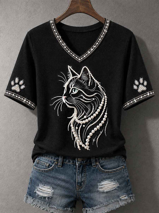 Women's Cat Print Cat Lovers Causal V-Neck Tee