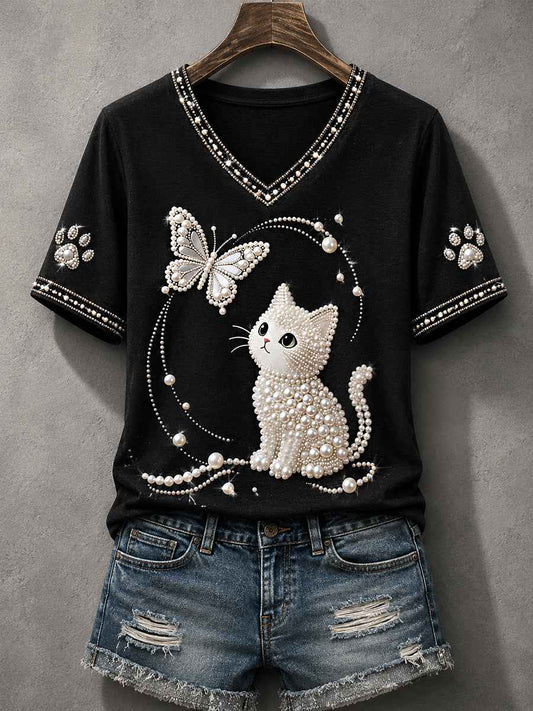 Women's Cute Cat Print Cat Lovers Causal V-Neck Tee