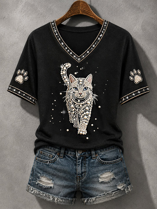 Women's Cat Print Cat Lovers Causal V-Neck Tee gracestitchs