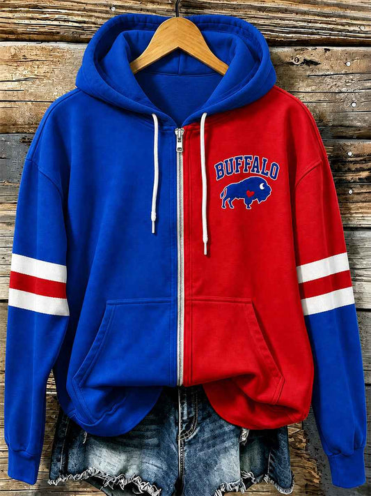 Women's Football Lover Buffalo Print Casual Zip-Up Hoodie