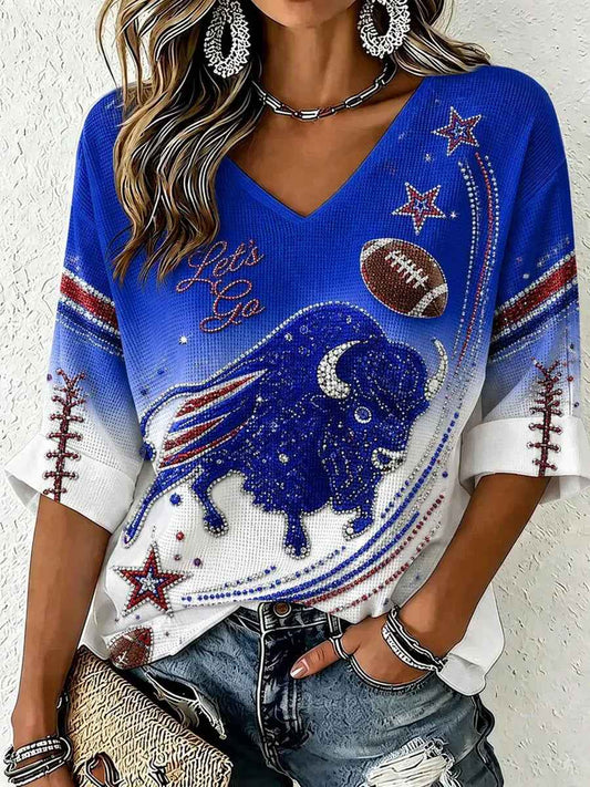 Women's Football Lover Buffalo Print Casual Waffle Top