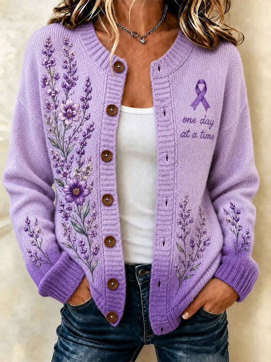 Women's Purple Floral & Alzheimer's Awareness Support Print Cardigan