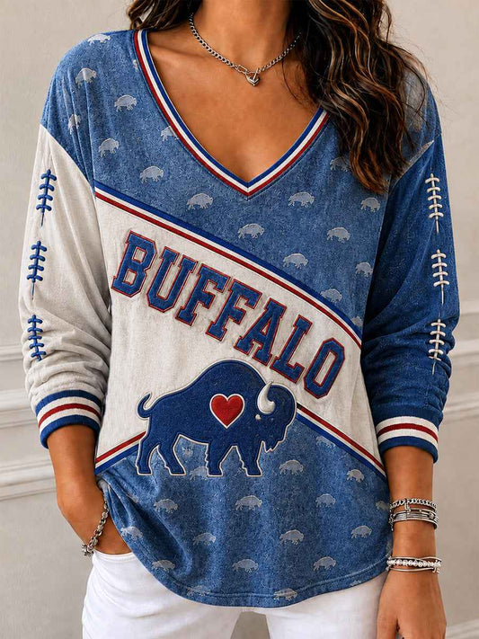 Women's Football Lover Buffalo Print Casual V-Neck Top