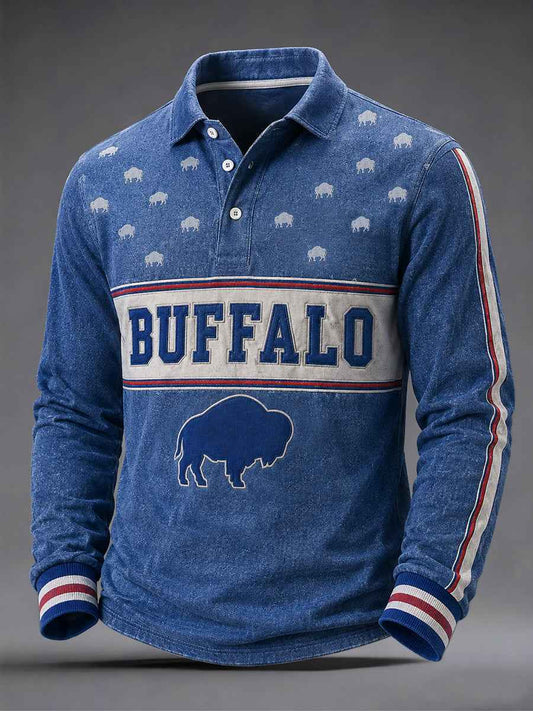 Men's Football Lover Buffalo Print Casual Long Sleeve Polo