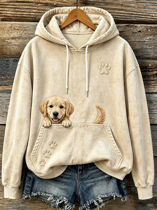 Women's Cute Peeking Golden Retriever & Paws Print Comfy Hoodie gracestitchs
