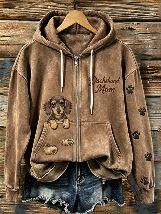 Women's Peeking Dachshund Dog Dachshund Mom Paw Prints Full Zip Hoodie gracestitchs