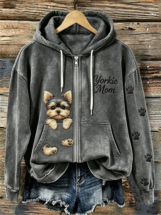 Women's Peeking Yorkshire Dog Yorkie Mom Paw Prints Full Zip Hoodie gracestitchs