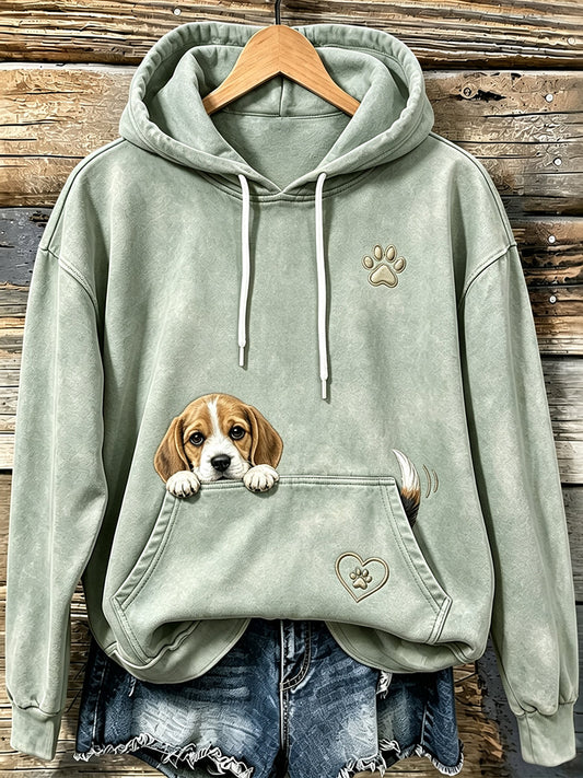 Women's Cute Peeking Beagle & Paws Print Comfy Hoodie gracestitchs