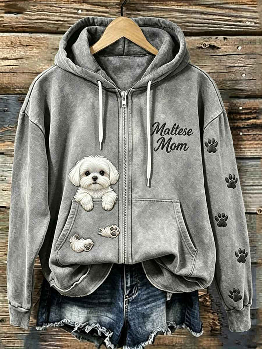 Women's Peeking Maltese Dog Maltese Mom Paw Prints Full Zip Hoodie
