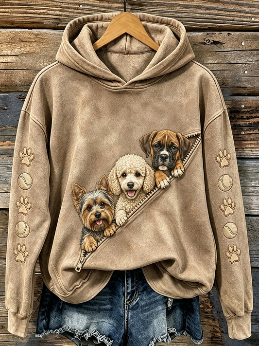 Women's Vintage Cute Peeking Dogs & Paws Print Comfy Hoodie gracestitchs
