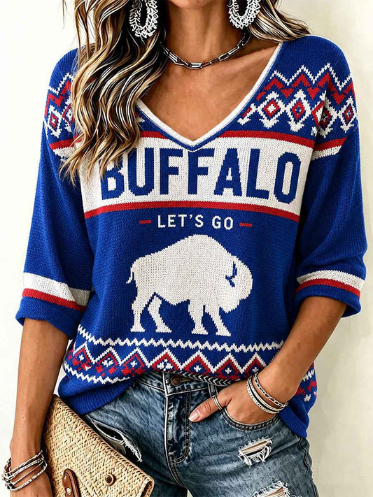 Women's Football Lover Buffalo Print Casual Waffle V-Neck Tee