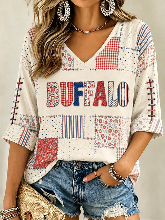 Women's Football Lover Buffalo Print Casual V-Neck Tee gracestitchs