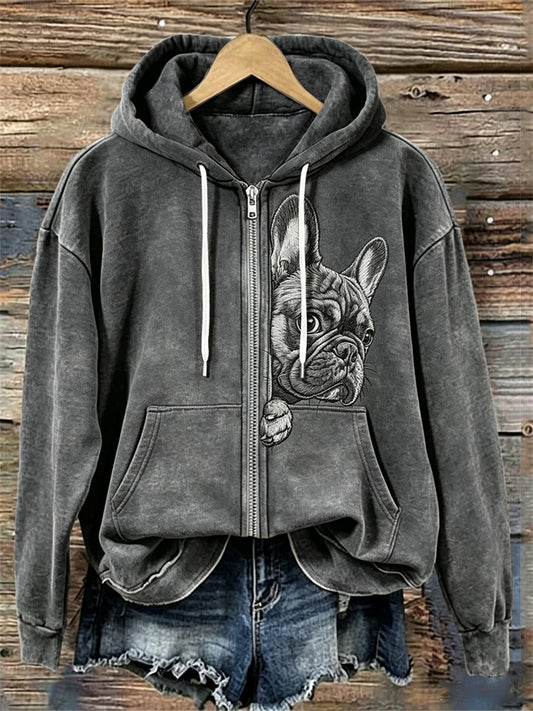 Women's Lovely Peeking French Bulldog Print Cozy Full Zip Hoodie gracestitchs