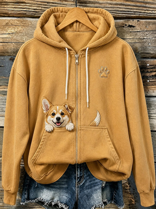 Women's Lovely Peeking Corgi & Paws Print Zip-Up Hoodie gracestitchs