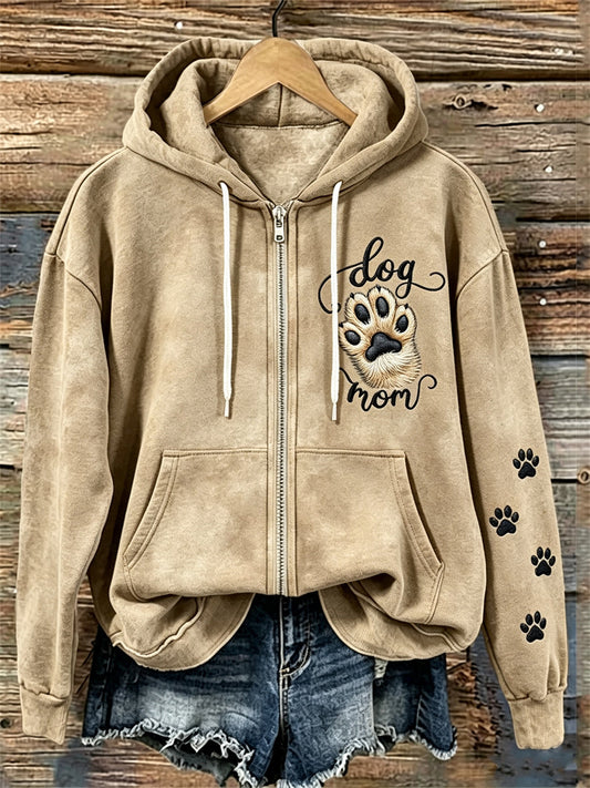 Women's Dog Mom Fuzzy Dog Paw & Paw Prints Cozy Full Zip Hoodie gracestitchs