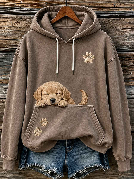Women's Lovely Sleeping Golden Retriever & Paws Print Hoodie