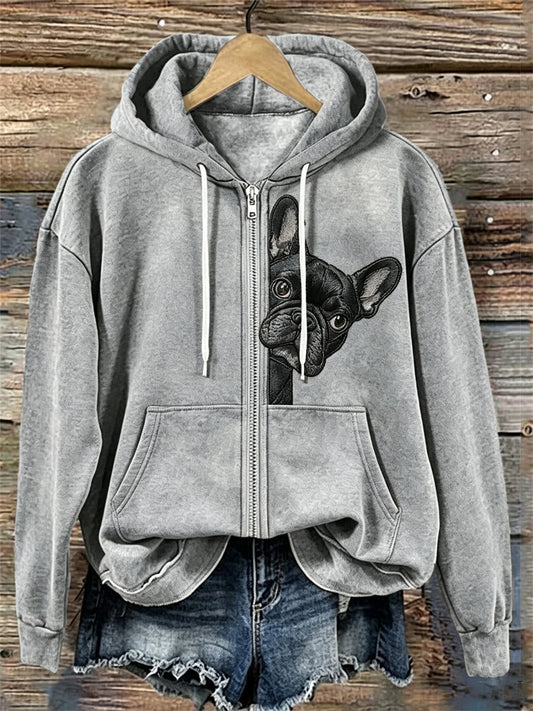 Women's Lovely Peeking French Bulldog Print Cozy Full Zip Hoodie gracestitchs