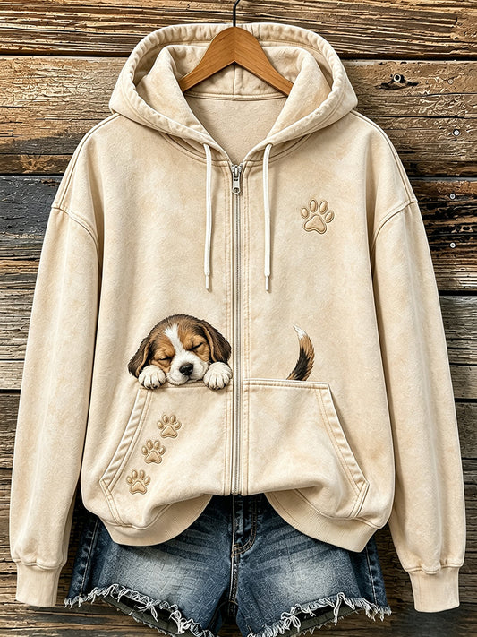 Women's Lovely Sleeping Beagle & Paws Print Zip-Up Hoodie gracestitchs