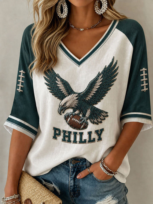Women's Football Gameday Gift For Football Fans Mid-length Sleeves V-Neck T-Shirt gracestitchs