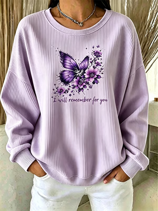 Women's Alzheimer's Awareness Purple Art Print Ribbed Round-Neck Sweatshirt gracestitchs