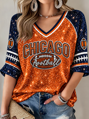 Women's Football Gameday Gift For Football Fans Mid-length Sleeves V-Neck T-Shirt gracestitchs
