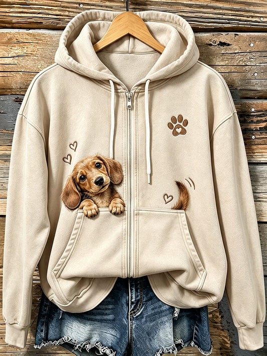 Women's Lovely Peeking Dachshund & Paw Print Vintage Zip-Up Hoodie gracestitchs
