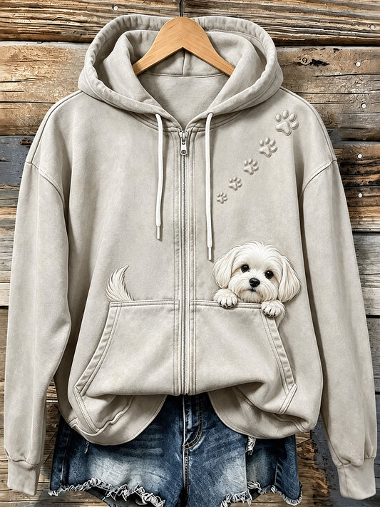 Women's Lovely Peeking Maltese & Paws Print Vintage Zip-Up Hoodie gracestitchs