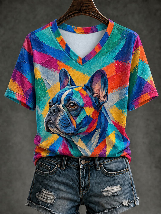 Women's Art Dog Printed V-neck T-shirt gracestitchs