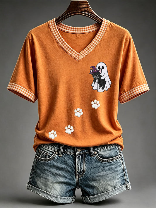 Women's Halloween Ghost and French Bulldog T-Shirt gracestitchs