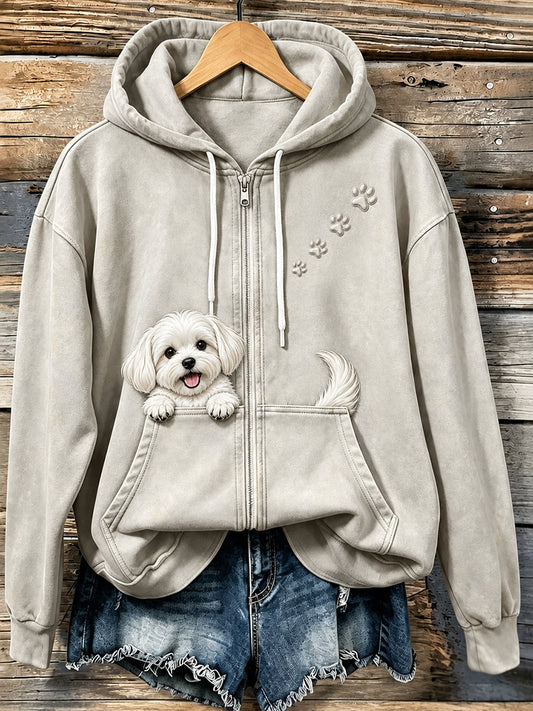 Women's Lovely Peeking Maltese & Paws Print Vintage Zip-Up Hoodie gracestitchs