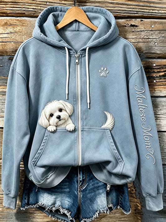 Women's Lovely Peeking Dog & Paw Maltese Mom Print Vintage Zip-Up Hoodie gracestitchs
